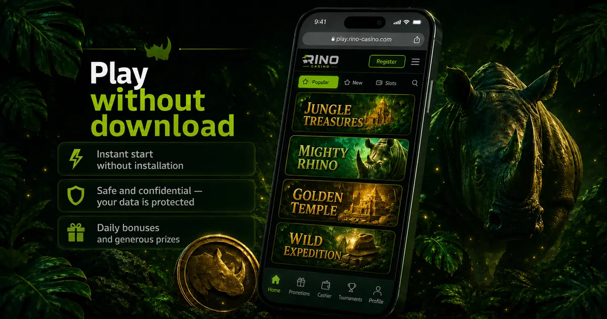 Адаптивна веб-версія сайту Rino Casino на екрані смартфона в зелено-чорних тонах