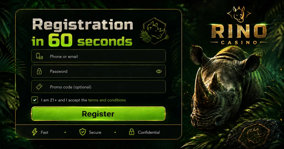 Форма створення акаунта на сайті Rino Casino з полями телефону та пароля