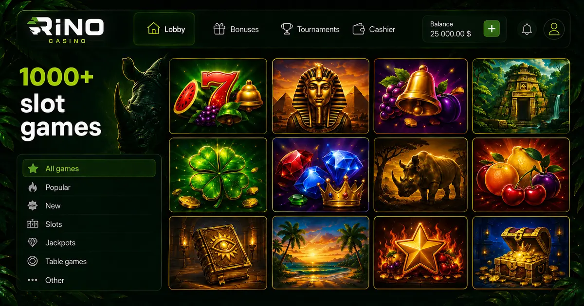 Плитки відеослотів у лобі бренду Rino Casino на темному тлі