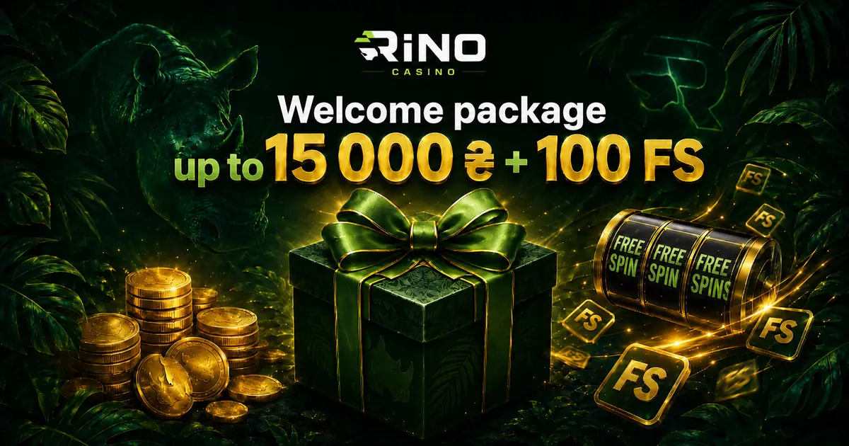 Візуалізація вітального пакета Rino Casino на 15 000 гривень і 100 спінів